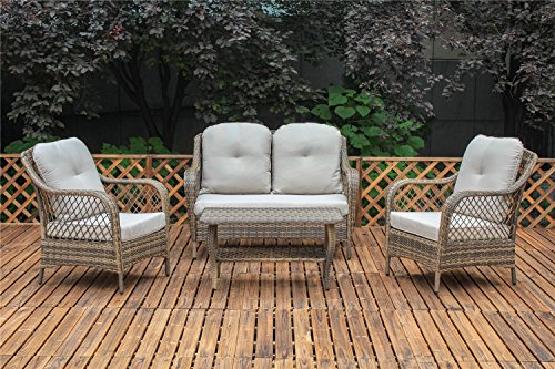 Living Express Outdoor Patio Rattan Wicker Conversation 4 Piece Set with Cushion Beige