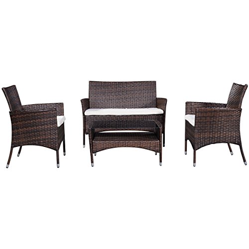 Tangkula Tangkula 4 Piece Outdoor Patio PE Rattan Wicker Table Shelf Sofa Furniture Set With Cushion