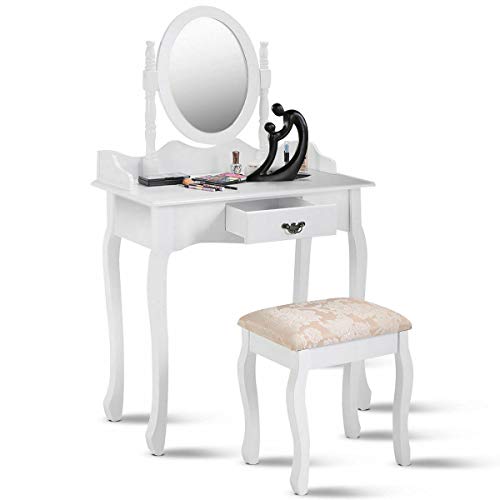 NEW Patio Garden Furniture Wood Makeup Dressing Table Vanity Stool Set Jewelry Desk WDrawerMirror White