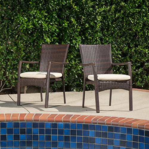 set Of 2 Melba Outdoor Brown Wicker Dining Chair With Beige Cushion