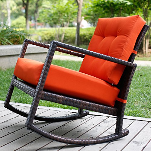 Merax Cushioned Rattan Rocker Chair Rocking Armchair Chair Outdoor Patio Glider Lounge Wicker Chair Furniture