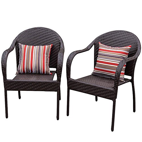Sundale Outdoor 2PCS Deluxe Brown Wicker Dining Chairs Set with 2 Throw Pillows