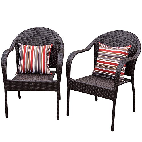 Sundale Outdoor 2PCS Deluxe Brown Wicker Dining Chairs Set with 2 Throw Pillows