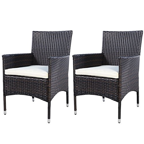 Tangkula 2PC Chairs Outdoor Patio Rattan Wicker Dining Arm Seat With Cushions