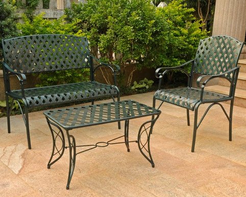 International Caravan Diamond Lattice Three-piece Iron Outdoor Lounge Patio Table Chair Bench Furniture Set