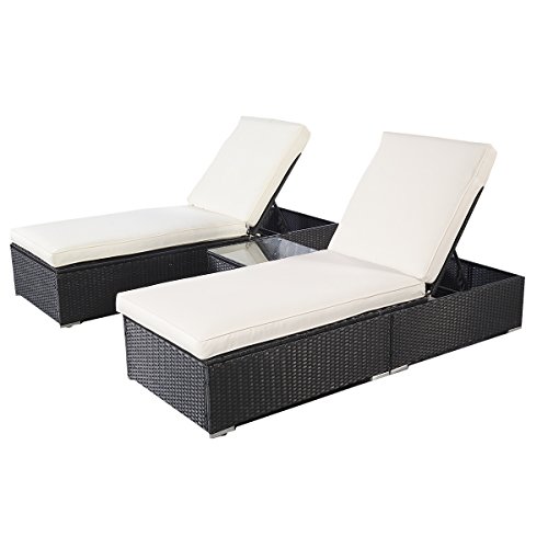 Tangkula 3 Pcs Wicker Outdoor Furniture Pool Chaise Lounge Chair With Table Black