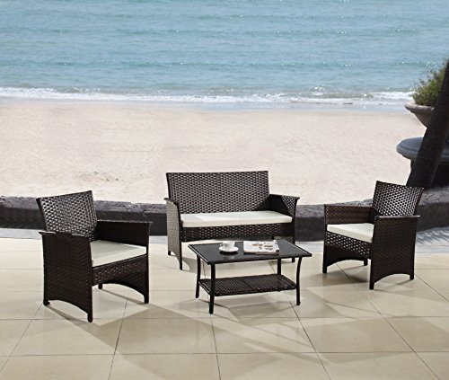 Modern Outdoor Garden Patio 4 Piece Seat - Gray Espresso Wicker Sofa Furniture Set espresso