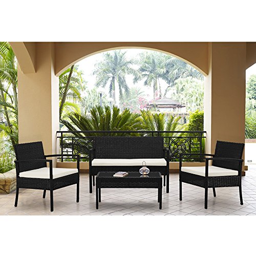 Patio Dining Set 4 Piece Outdoor Garden Balcony Lawn Rattan Furniture Set With White Cushioned Seat Black Sofa Wicker