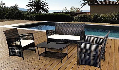 IDS Home Patio Dining 4 PCS Garden Outdoor Lawn Sofa Balcony Furniture Set Compact Rattan Wicker Brown Cushion Seat