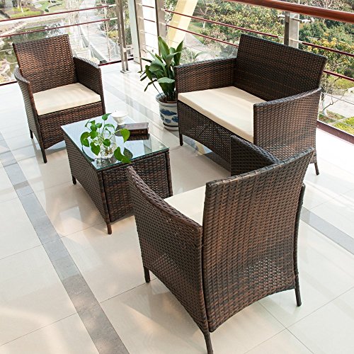 Merax 4 PCS Patio Rattan Furniture Set Cushioned Outdoor Garden Wicker Rattan furniture with Beige Cushion Brown-NO2