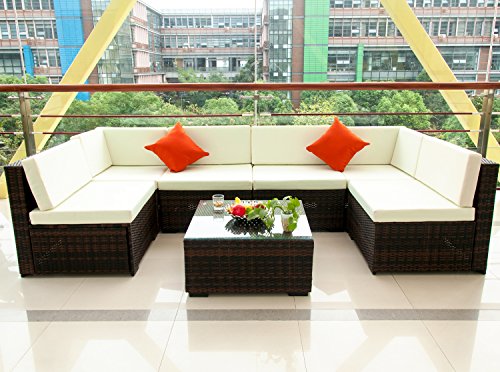 Merax 7 Piece Patio Rattan Furniture Set Sectional Cushioned Outdoor Garden Wicker Rattan furniture
