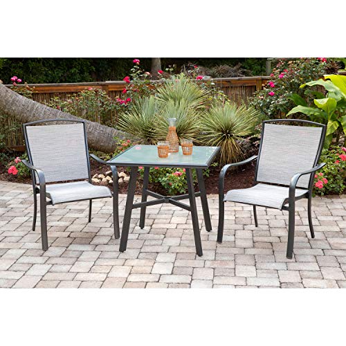 Hanover FOXDN3PCG-GRY Foxhill 3-Piece Grade Bistro Set with 2 Sling Dining Chairs Commercial Outdoor Furniture GrayGunmetal