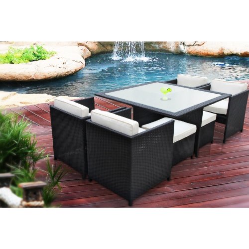 Manhattan 9 Piece Patio Furniture Dining Set with Frosted Glass and Sunbrella Fabric Cushions
