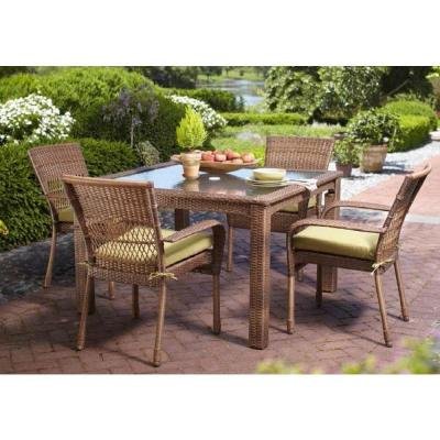 Martha Stewart Living Charlottetown Brown All-Weather Wicker 5 Piece Patio Furniture Dining Set with Green Bean Cushions Seats 4