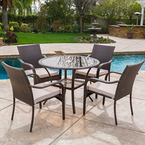 Patio Furniture 5 Piece Outdoor Brown Wicker Dining Set with Cushions