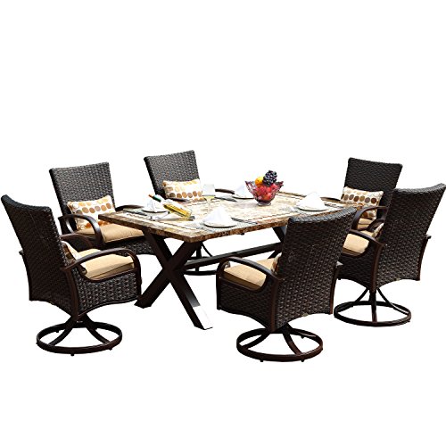Radeway 360 Rotatable Patio Wicker Furniture Marble Dining Table 7 Piece Set With Cushion and Umbrella Hole