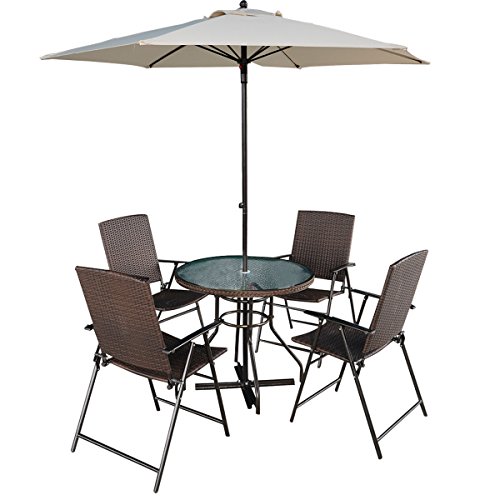 Tangkula 6 Pcs Patio Dining Set Furniture 4 Rattan Folding Chairs Table With Umbrella