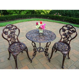 Bistro Set Outdoor Patio Furniture 3 Piece Rose Pattern Brown Antique Bronze Finish Cast Iron & Aluminum