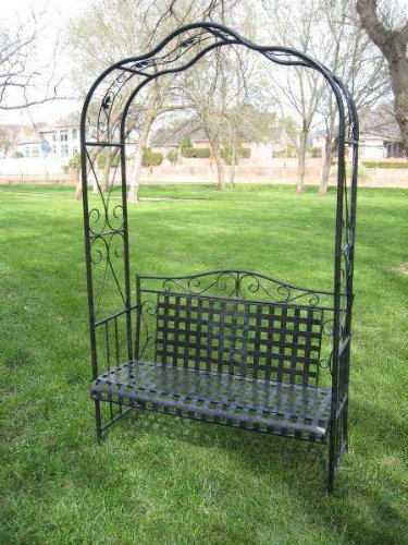 Mandalay Iron Patio Arbor Bench In Antique Black - Patio Furniture