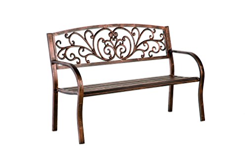 Plow & Hearth Blooming Patio Garden Bench Park Yard Outdoor Furniture, Iron Metal Frame, Elegant Bronze Finish