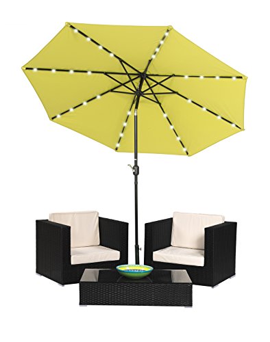 3-Piece Patio Conversation Set of Black Rattan Wicker with LED Patio Umbrella by Trademark Innovations Light Green LED Umbrella
