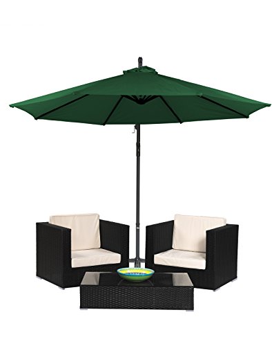 3-Piece Patio Conversation Set of Black Rattan Wicker with Offset Patio Umbrella by Trademark Innovations Dark Green Offset Umbrella