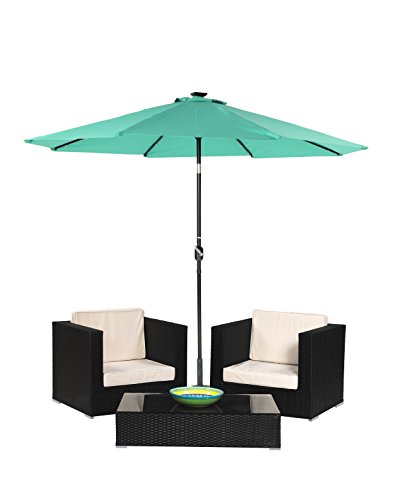 3-Piece Patio Conversation Set of Black Rattan Wicker with Tilt Patio Umbrella by Trademark Innovations Teal Tilt Umbrella