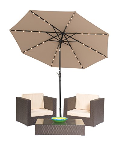 3-Piece Patio Conversation Set of Brown Rattan Wicker with LED Patio Umbrella by Trademark Innovations Tan LED Umbrella