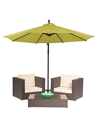 3-Piece Patio Conversation Set of Brown Rattan Wicker with Offset Patio Umbrella by Trademark Innovations Light Green Offset Umbrella