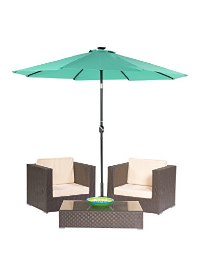 3-Piece Patio Conversation Set of Brown Rattan Wicker with Tilt Patio Umbrella by Trademark Innovations Teal Tilt Umbrella