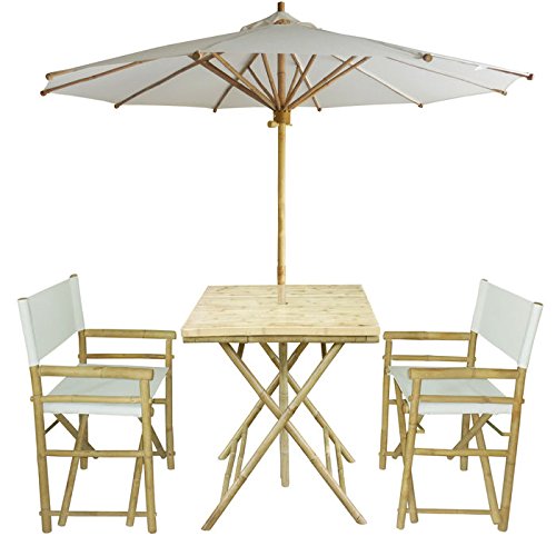 Zew 4-piece Bamboo Outdoor Backyard Patio Set With Square Table 2 Folding Canvas Chairs And Umbrella White
