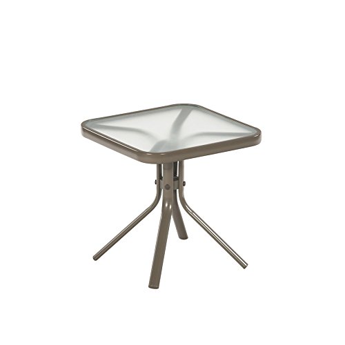 Outdoor Taupe Steel Side Table Small Square Tempered Glass Top For Patio, Yard Or Porch End Table