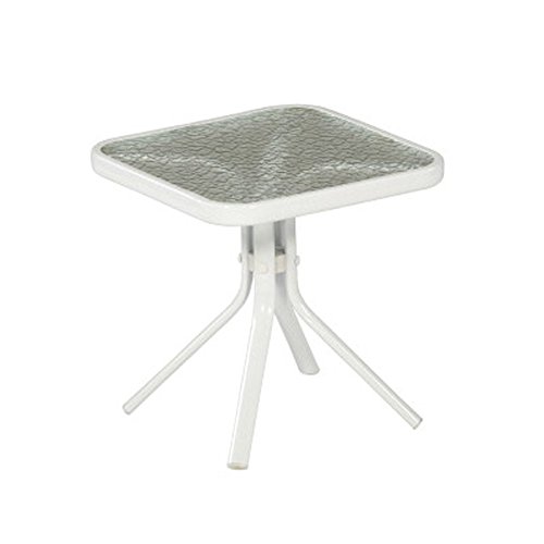 White Patio Side Table Steel Frame Small Square Tempered Glass Top End Table For Outdoor Deck, Pool, Yard, Or