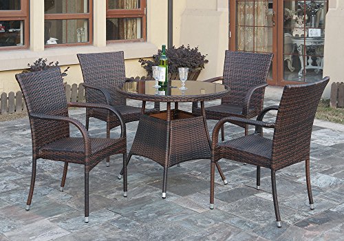 1PerfectChoice 5 pc Outdoor Patio Dining Set Round Glass Table Rattan Wicker Stackable Chair