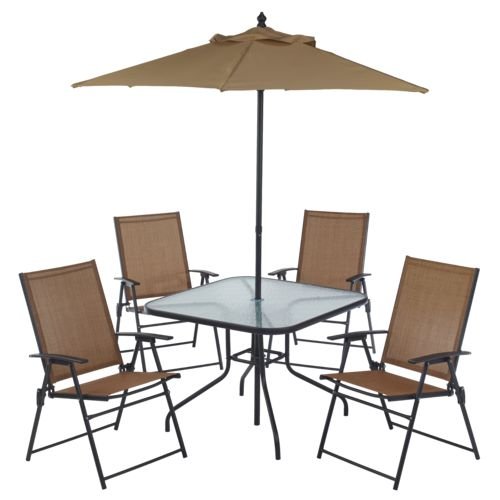 6 Piece Outdoor Folding Patio Set - With Table 4 Chairs Umbrella And Built-in Base
