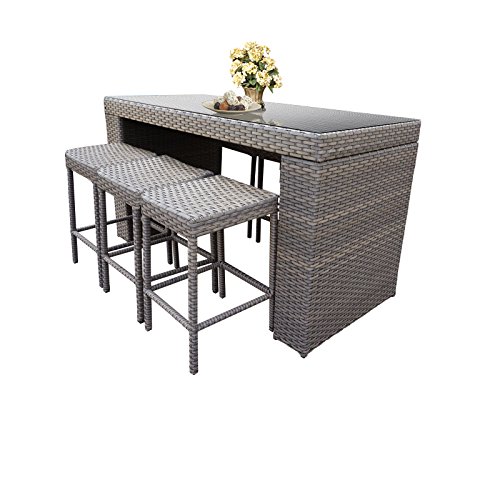 TK Classics Oasis Bar 7 Piece Outdoor Wicker Patio Table Set with Backless Barstools Furniture Grey Stone