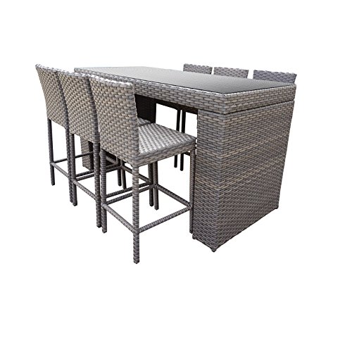 TK Classics Oasis Bar 7 Piece Outdoor Wicker Patio Table Set with Barstools Furniture Grey Stone