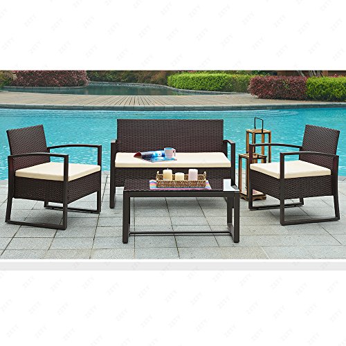 Urattan 4pc Wicker Patio Furniture Set Sofaamp Table Cushioned Lawn Garden Outdoor Brown