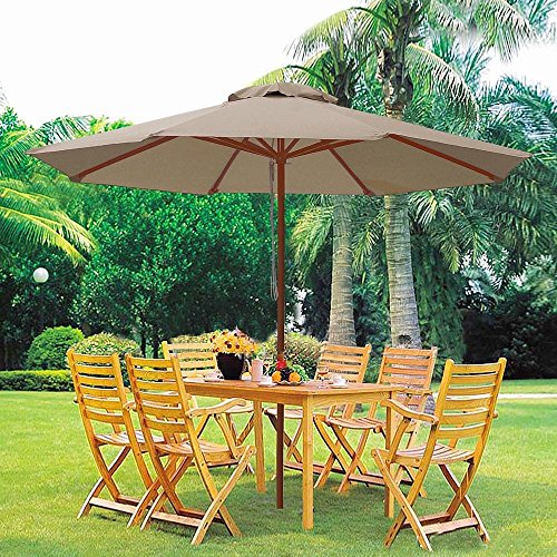 9ft Wooden Outdoor Patio Table Umbrella W Pulley Market Garden Yard Beach Deck Cafe Decor Sunshade