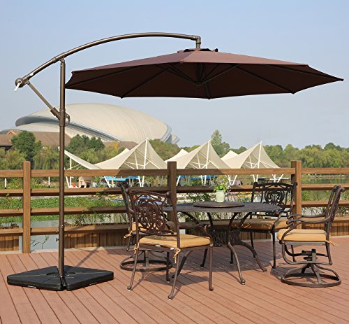 AMT Deluxe Adjustable Offset Cantilever Hanging 10 Patio Umbrella with Cross Base and Crank Coffee