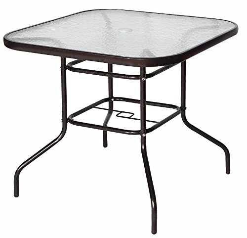 Cloud Mountain 32"x32" Tempered Glass Top Umbrella Stand Table Patio Square Outdoor Dining Table, Dark Chocolate