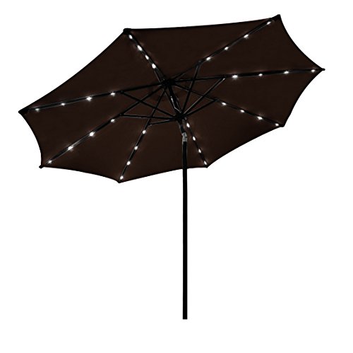 Odaof LED Light Outdoor Table Aluminum Patio Umbrella with Push Button Tilt and Crank 8 Ribs Brown