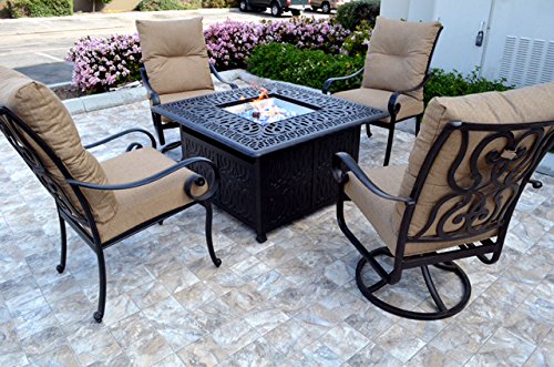Conversation Set Patio Furniture Propane fire pit table outdoor cast aluminum Santa Anita 5 pc