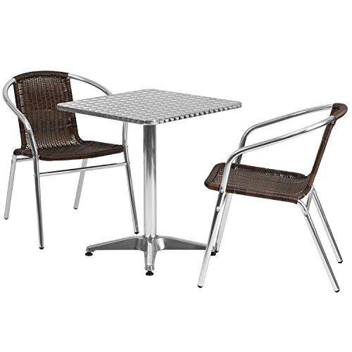 Flash Furniture Square Aluminum Indoor Outdoor Table With 2 Rattan Chairs 235