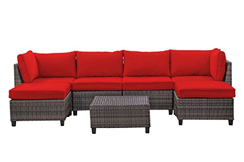 Tampa 7 Piece Outdoor Rattan Wicker Sofa Sectional Sets  Red Cover - Perfect Patio Deck Porch And Sunroom Furniture