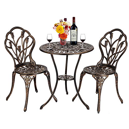 3 Piece Patio Bistro Set Outdoor Patio Furniture with Antique Copper Finish DesignGarden Aluminum Patio Table and 2 Chairs for Backyard Pool Tulip Design
