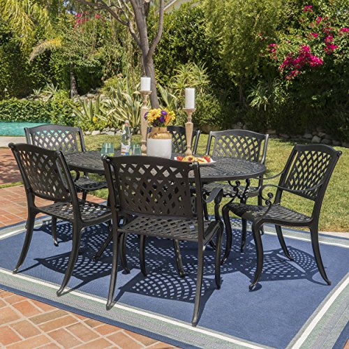 Clarisse  7 Piece Dining Set with Expandable Aluminum Table  Perfect for Patio  in Black Sand