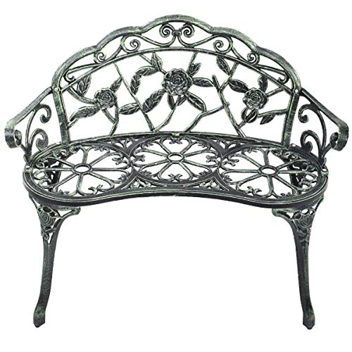 EnjoyShop Outdoor Cast Aluminum Patio Bench Antique Rose Sturdy and Durable Construction Elegant Design Garden Backyard Park Modern Decor Backrest Chair Comfortable Seat