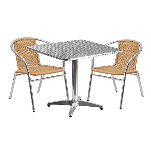 F&F Furniture Group Set of 3 Gray Aluminum Square Patio Table Set with Beige Rattan Stackable Chairs 315