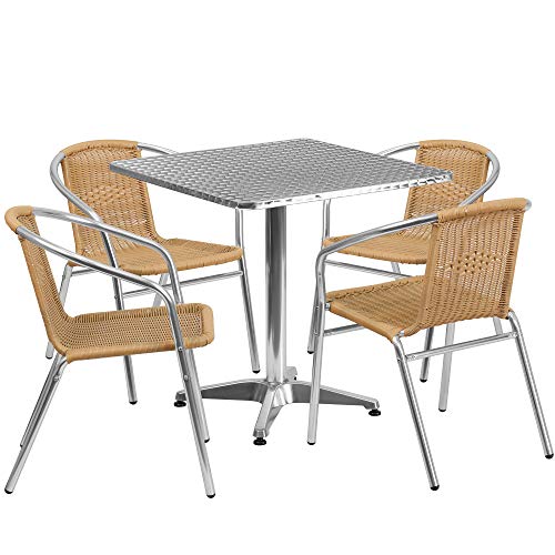 F&F Furniture Group Set of 5 Gray Aluminum Square Patio Table Set with Beige Rattan Stackable Chairs 29
